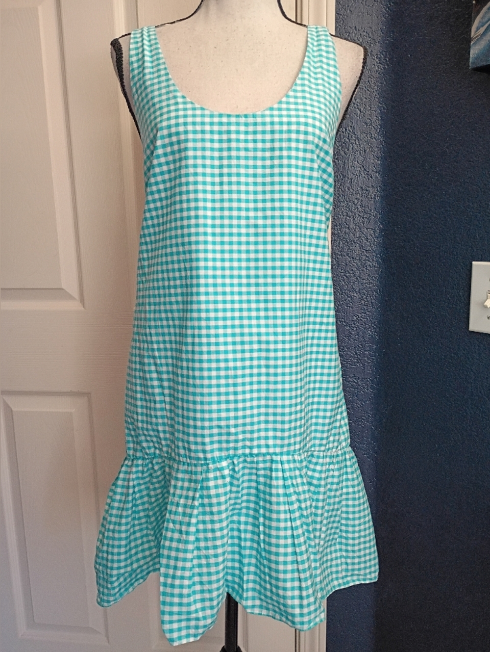 Amanda Uprichard Aqua Gingham Ruffle-Hem Sundress